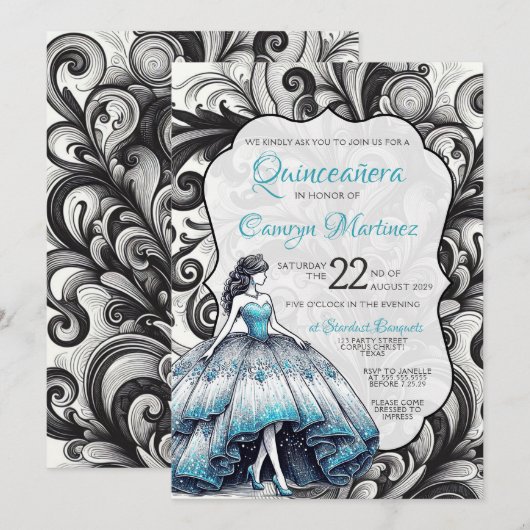 Teal Quinceañera Meisjes Uitnodiging (Voorkant / Achterkant)