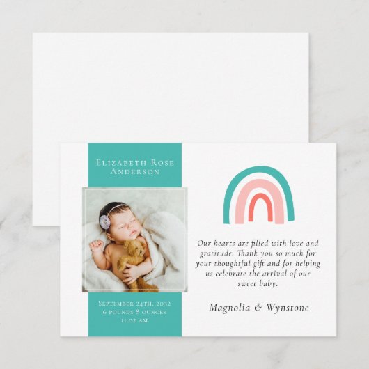Teal Rainbow Photo New Baby  Bedankkaart (Voorkant / Achterkant)