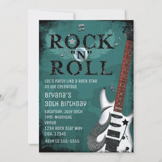Teal Rock N Roll Star Verjaardagsfeest Uitnodiging (Voorkant)