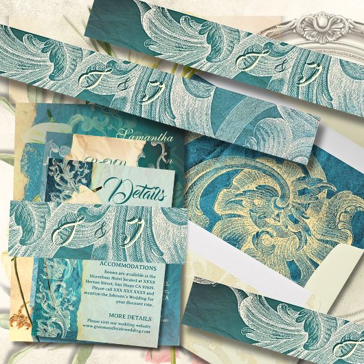 Teal Rococo Rol met Elegant Monogram Uitnodigingen Wikkel