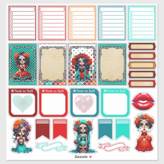 Teal Rode Rozen Suiker Schedel  - Planner 2  Sticker (Vel)
