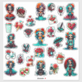 Teal Rode Rozen Suiker Schedel Sticker (Vel)