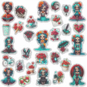 Teal Rode Rozen Suiker Schedel Sticker (Voorkant)