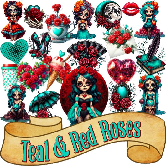 Teal Rode Rozen Suiker Schedel Sticker