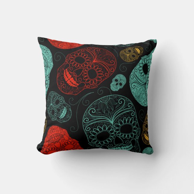 Teal Rode Zwarte Schedel Worp Kussen (Voorkant)
