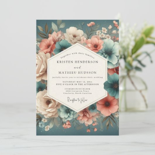 Teal Rose Enchanted Romance Wedding Kaart (Staand voorkant)