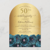 Teal Rose Floral Gold 50th Birthday Party Kaart (Voorkant)