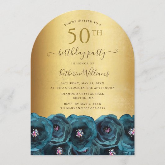 Teal Rose Floral Gold 50th Birthday Party Kaart (Voorkant)