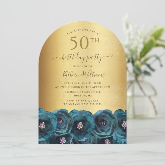 Teal Rose Floral Gold 50th Birthday Party Kaart (Staand voorkant)