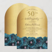 Teal Rose Floral Gold 50th Birthday Party Kaart (Voorkant / Achterkant)