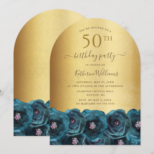 Teal Rose Floral Gold 50th Birthday Party Kaart (Voorkant / Achterkant)