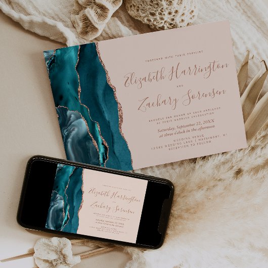 Teal Rose Gold Agate Blush Horizontal Wedding Kaart