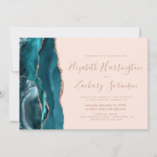 Teal Rose Gold Agate Blush Horizontal Wedding Kaart (Voorkant)