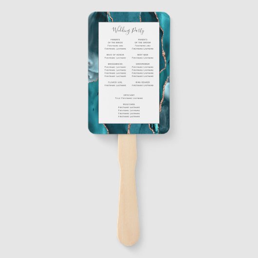 Teal Rose Gold Agate White Wedding Program Handwaaier (Achterkant)
