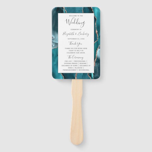 Teal Rose Gold Agate White Wedding Program Handwaaier (Voorkant)