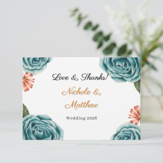 Teal Rose & Orange Daisy Wedding  Bedankkaart (Staand voorkant)