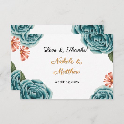 Teal Rose & Orange Daisy Wedding  Bedankkaart (Voorkant / Achterkant)