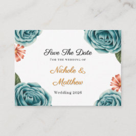 Teal Rose & Orange Daisy  Wedding Save The Date Informatiekaartje