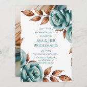 Teal Roses and Bronze Leaves Bridesmaids Luncheon Kaart (Voorkant / Achterkant)