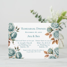 Teal Roses And Bronze Leaves Rehearsal Dinner Kaart