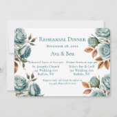 Teal Roses And Bronze Leaves Rehearsal Dinner Kaart (Voorkant)