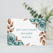 Teal Roses and Bronze Leaves Wedding Bedankkaart (Staand voorkant)
