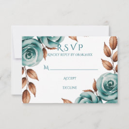 Teal Roses and Bronze Leaves Wedding RSVP Kaartje