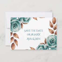 Teal Roses and Bronze Leaves Wedding Save The Date