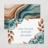 Teal Roses and Bronze Leaves Wedding Save The Date (Voorkant / Achterkant)