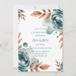 Teal Roses and Copper Leaves Couples Shower Kaart