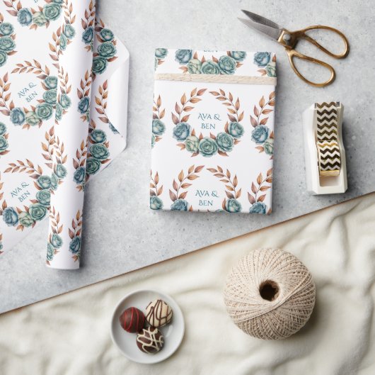 Teal Roses and Copper Leaves Wedding Cadeaupapier (Crafts)