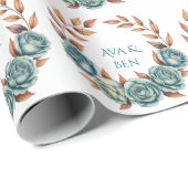 Teal Roses and Copper Leaves Wedding Cadeaupapier (Rol Hoek)