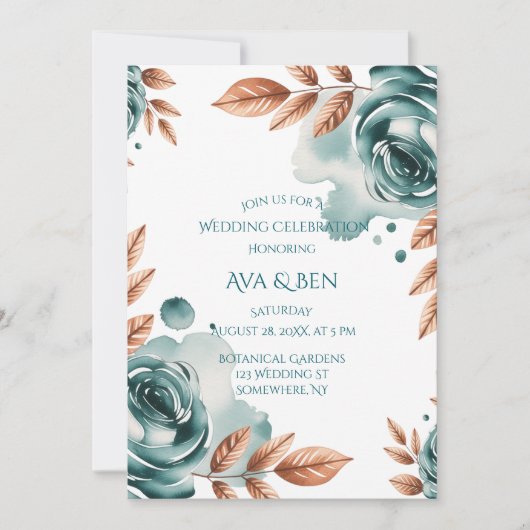 Teal Roses and Copper Leaves Wedding Celebration  Kaart (Voorkant)