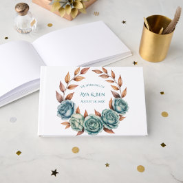 Teal Roses and Copper Leaves Wedding Gastenboek