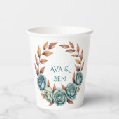 Teal Roses and Copper Leaves Wedding Papieren Bekers (Achterkant)