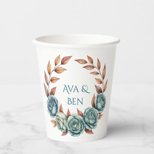Teal Roses and Copper Leaves Wedding Papieren Bekers (Voorkant)