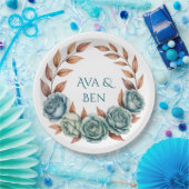 Teal Roses and Copper Leaves Wedding Papieren Bordje (Feest)