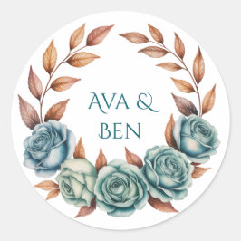 Teal Roses and Copper Leaves Wedding Ronde Sticker
