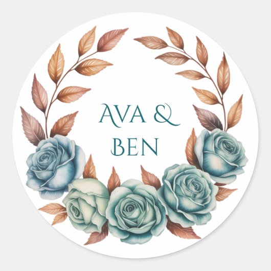 Teal Roses and Copper Leaves Wedding Ronde Sticker (Voorkant)