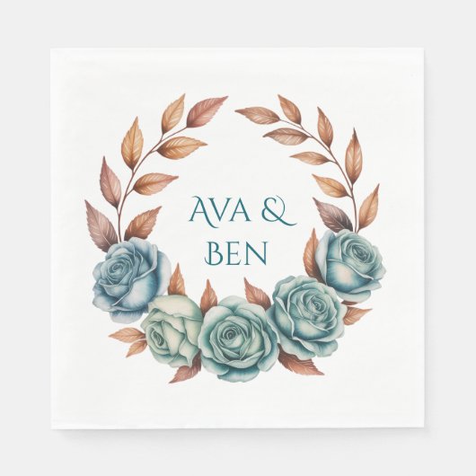 Teal Roses and Copper Leaves Wedding Servet (Voorkant)