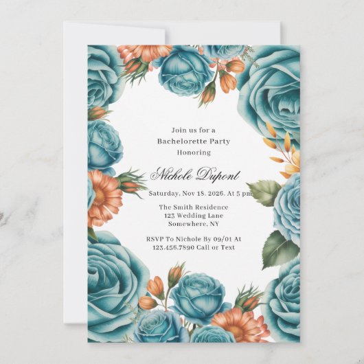 Teal Roses and Orange Floral Bachelorette Party Kaart (Voorkant)