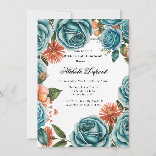 Teal Roses and Orange Floral Bridesmaids Luncheon Kaart (Voorkant)