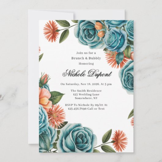 Teal Roses and Orange Floral Brunch & Bubbly Kaart (Voorkant)