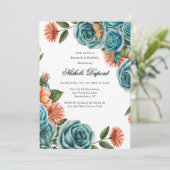 Teal Roses and Orange Floral Brunch & Bubbly Kaart (Staand voorkant)