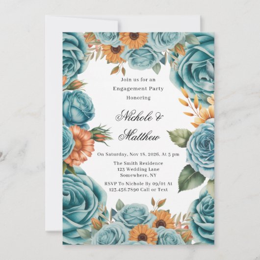 Teal Roses and Orange Floral Engagement Party Kaart (Voorkant)