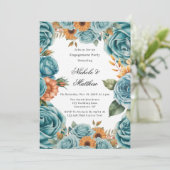 Teal Roses and Orange Floral Engagement Party Kaart (Staand voorkant)