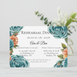 Teal Roses and Orange Floral Rehearsal Dinner Kaart