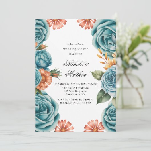 Teal Roses and Orange Floral Wedding Shower Kaart (Staand voorkant)
