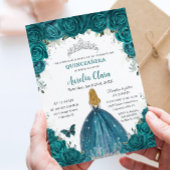 Teal Roses Floral Blonde Princess Quinceanera 16th Kaart