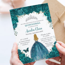 Teal Roses Floral Blonde Princess Quinceanera 16th Kaart